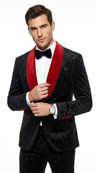 Men’s Black Paisley 2 Piece Suit with Red Shawl Lapel, Formal Wedding Prom Party Suit Set
