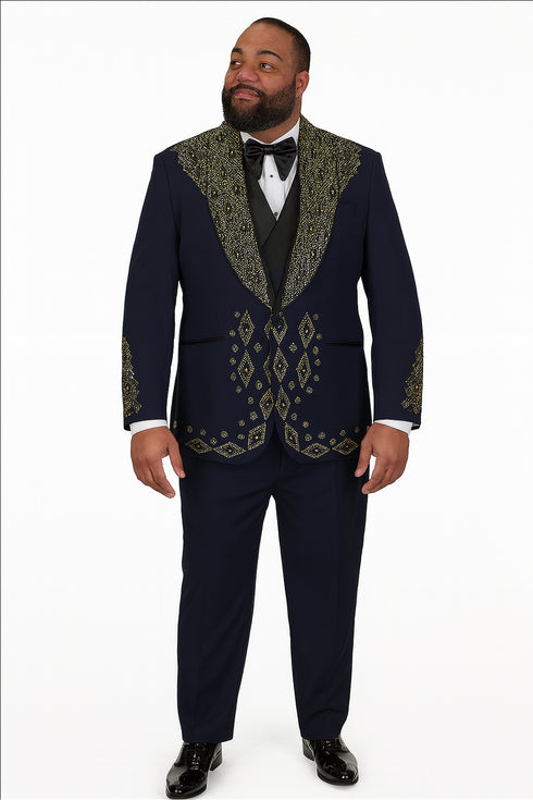 Men’s Navy Tuxedo with Gold Embroidery – Slim Fit Formal Dinner Jacket with Shawl Lapel