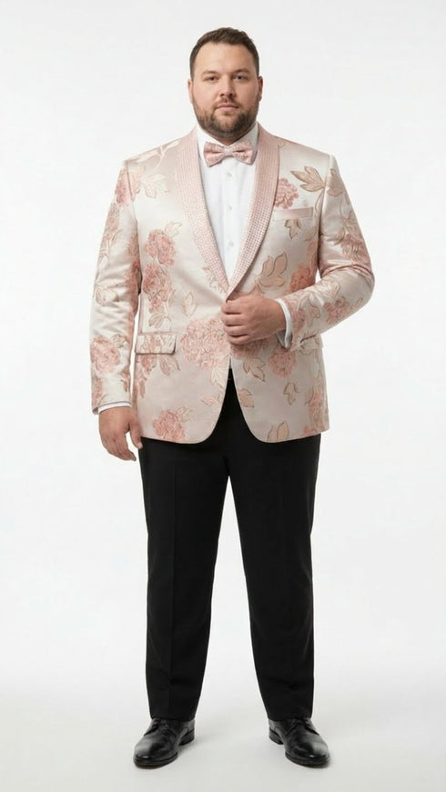 Men’s Pink Blush Floral Jacquard Blazer with Embellished Shawl Lapel – Luxury Party and Wedding Wear Jacket