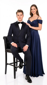 Men’s Navy Blue Double-Breasted Tuxedo – Tone-on-Tone Shadow Pinstripe Formal Wedding and Prom Suit