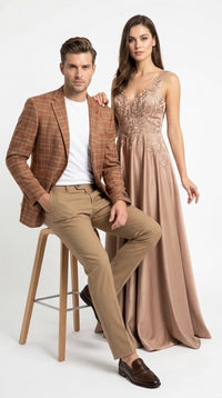 Vitali Men’s Rust Copper Brown Plaid Blazer with Tan Pants – Classic Windowpane, Business and Smart-Casual Birck color  Suit