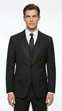 Vitali Mens Black Tone on Tone Shadow Stripe Vested Suit Set – 3 Piece Modern Fit Pinstripe Two Buttons