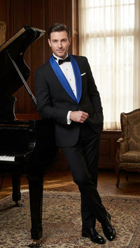 Men’s Black Tuxedo with Royal Blue Shawl Lapel | Modern Formal Dinner Jacket Suit + Pants for Weddings, Proms