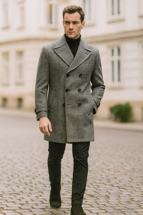 Mens Grey Plaid Double-Breasted Overcoat – Classic Wool-Blend Winter Coat