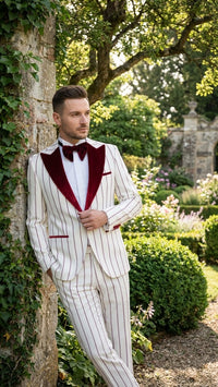 Men’s White and Dark Red Pinstripe Tuxedo with Velvet Shawl Lapel – Formal Dinner Blazer Prom Christmas New Year Holiday Suit