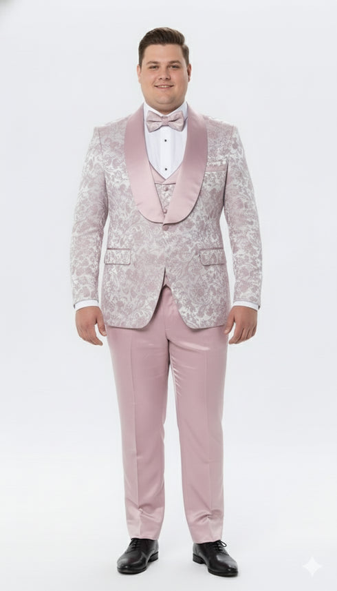 Men’s Light Pink Dusty Rose -  Floral Tuxedo Suit – Luxury Satin Shawl Lapel 3-Piece Formal Wedding and Prom Suit in Blush Mauve color