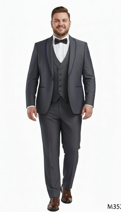 Men’s Charcoal Gray with blue Trim Slim Fit 3-Piece Suit – Modern Wedding and Business Formal Tuxedo Set