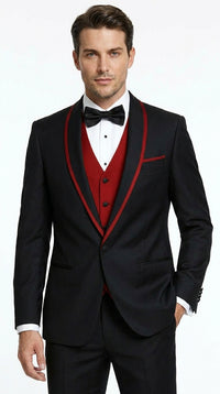 Statement Men's Black with Red Lapel Vested 100% Wool Tuxedo