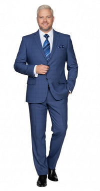 Mens Indigo Navy Blue Windowpane Check Suit – Classic 2-Piece Formal Business and Wedding Wear Set in Cobalt Blue