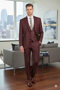 Men’s Burgundy Checkered 3-Piece Suit – Windowpane Classic Fit Plaid Blazer with Vest and Pants