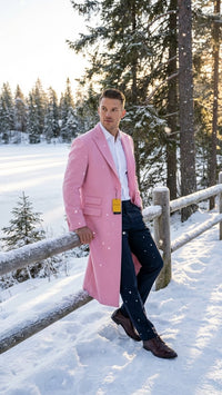 Men’s Pink Wool Blend Long Overcoat – Slim Fit Tailored Winter Coat - Carcoat - Topcoat
