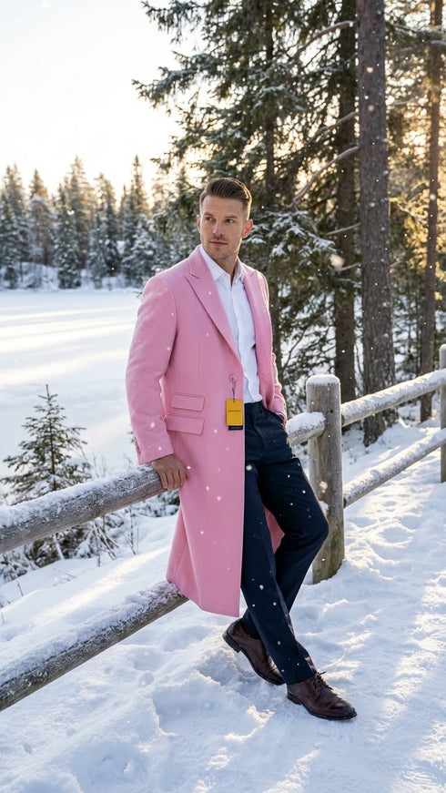 Men’s Pink Wool Blend Long Overcoat – Slim Fit Tailored Winter Coat - Carcoat - Topcoat