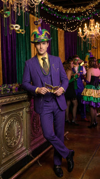 Men’s Purple Pinstripe Mardi Gras Suit | Three Piece Carnival Formal Suit with Vest