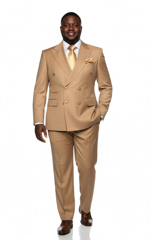 Mens Camel - Bronze - Goldish khaki Double-Breasted Suit – Luxury 2-Piece Formal Set with Gold Buttons and Peak Lapels by Rossi Man