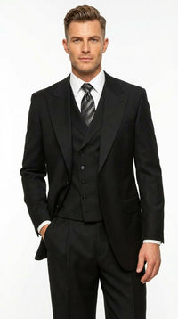 Tiglio Mens Black 3 Piece Suit – Single Button Classic Fit Pleated Wide Leg Pants Formal Business Chruch Suit - 100% Wool