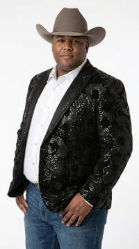 Men’s Black Sequin Western Blazer – Embroidered Cowboy Tuxedo Jacket with Rhinestone Lapels