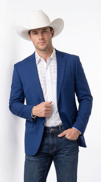 Men’s Dark Royal Blue Western Blazer – Cowboy Sport Coat Jacket with Two-Button Front Saphire Indigo Cobalt Blue