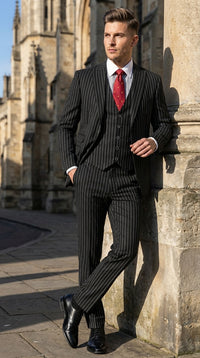 Men’s Black Skeleton Bone Pinstripe 3 Piece Suit – Gangster Style Striped Suit with Vest