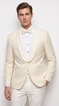 Men’s Ivory Off White Jacquard Dinner Jacket – Cream Tuxedo Blazer for Weddings & Formal Events + Bowtie included