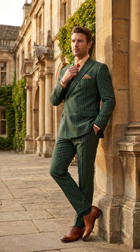 Men’s Hunter Green Pinstripe Double Breasted Suit – Vintage 1920s Great Gatsby Gangster Style