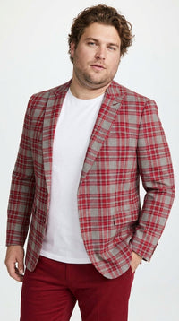 Men's Red Tartan Plaid Blazer Checkered Sport Coat Holiday New Year Gray Windowpane