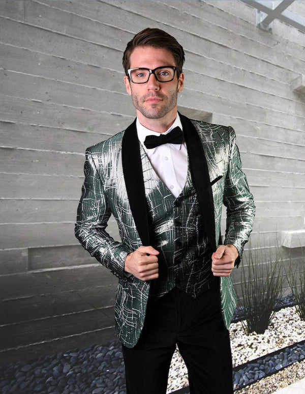 Mens One Button Organic Print Shiny Prom Tuxedo in Green