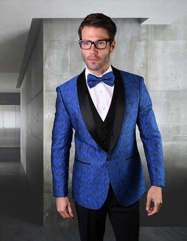 Mens Vested Geometric Leaf Pattern Tuxedo in Royal Blue