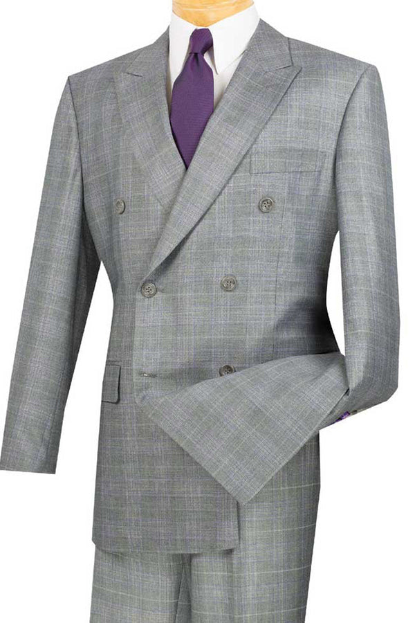 Mens Classic Wool Feel Double Breasted Glen Plaid Suit in Grey