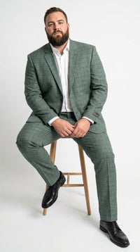 Men’s Tartan olive Green with blue checker Windowpane 2-Piece Suit – Modern Fit Plaid, Business and Formal Suit english styl