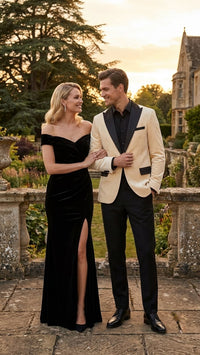 Men’s Ivory Dinner Jacket - Cream Velvet Blazer with Black Satin Lapel | Wedding and Party Formal Sport Coat in off white