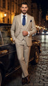 Men's Beige with blue Pinstripe Three-Piece Suit with Vest by Rossiman Vested Peak Lapel in Tan Stripe 1920s style