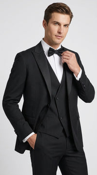 Men’s Black Boot Cut 3-Piece Tuxedo Suit – Peak Lapel Wedding, Prom and Formal Suit 1970s Style
