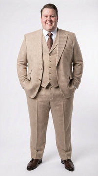 Men’s Beige tan Checkered Three Piece Suit with Classic Fit Wide Leg Pleated Pants by Rossiman khaki color