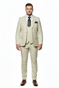 Men’s Light Beige Check 3-Piece Suit Set – Premium Tailored Fit Formal Wedding and Spring Event Suit Light Tan Sand Color By Rossiman