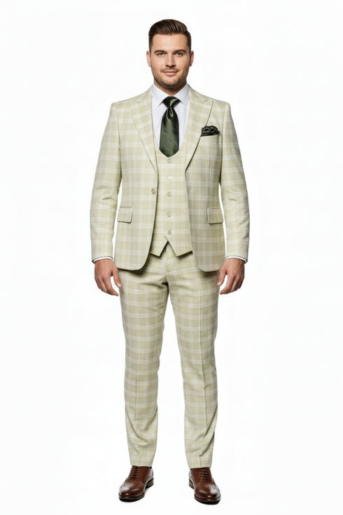 Men’s Light Beige Check 3-Piece Suit Set – Premium Tailored Fit Formal Wedding and Spring Event Suit Light Tan Sand Color By Rossiman