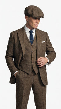 Men's Thomas Shelby Brown Herringbone 3-Piece Suit – Peaky Blinders 1920s Vintage-Style Suit with Matching Vest & Trousers
