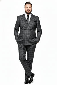 Men’s Charcoal Plaid Double-Breasted Suit –  Tailored Pants Windowpane Pattern By Rossiman