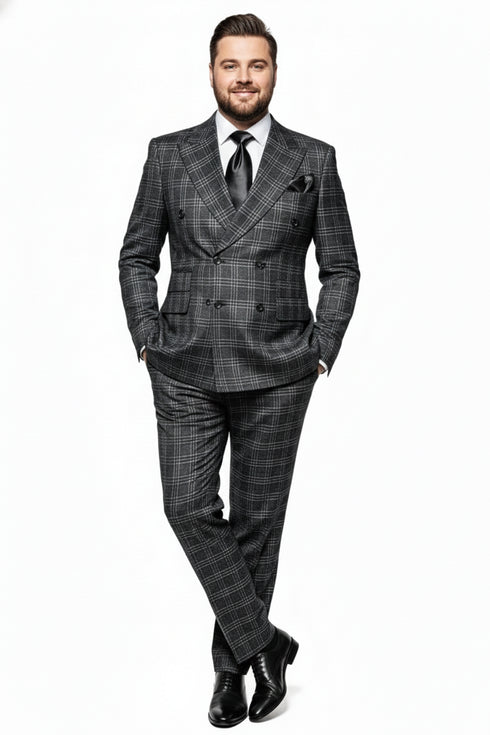 Men’s Charcoal Plaid Double-Breasted Suit –  Tailored Pants Windowpane Pattern By Rossiman