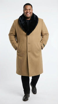Men’s Camel Tan Long Overcoat with Black Faux Fur Collar - Wool Topcoat Three if not Full length