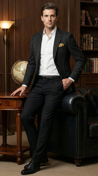 Men’s Black Pinstripe Blazer – Classic Tailored Formal Jacket for Business, Office and Evening Wear