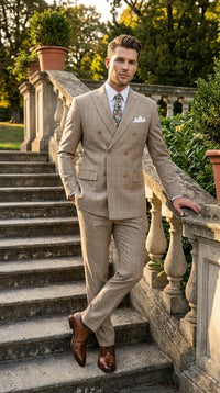 Vinci Men’s Beige Plaid Double Breasted Suit – Classic Checkered Formal Suit Set in Tan Color Windowpane Checkered Pattern