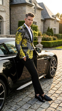 Men’s Yellow Tuxedo Black and Gold Floral Pattern Blazer | Formal Jacket - Prom Dinner Jacket + Black Pants + Bowtie