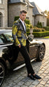 Men’s Yellow Tuxedo Black and Gold Floral Pattern Blazer | Formal Jacket - Prom Dinner Jacket + Black Pants + Bowtie