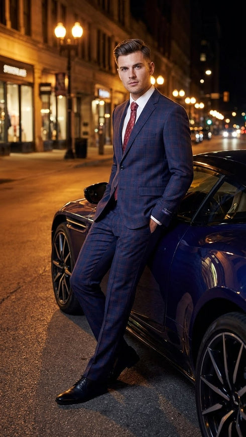 Men’s Navy Blue and Burgundy Checkered Two-Piece Suit Plaid Windowpane – Flat Front Pants or Pleated Wide Leg Pants - 100% Wool