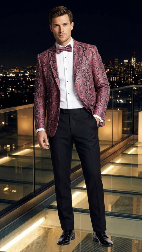 Men’s Burgundy and Black Snakeskin Print Blazer – Alligator Crocodile Sport Jacket Exotic Skin