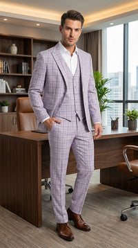Men’s Lilac Lavender Windowpane Check 3 Piece Suit – Lilac Plaid Formal Suit with Vest for Wedding, Prom and Business Events
