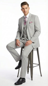 Men’s Light Gray 3 Piece Suit – Ice Silver Gray Formal Suit Set with Vest, Patterned Lapel and Tie for Wedding, Prom and Business Events