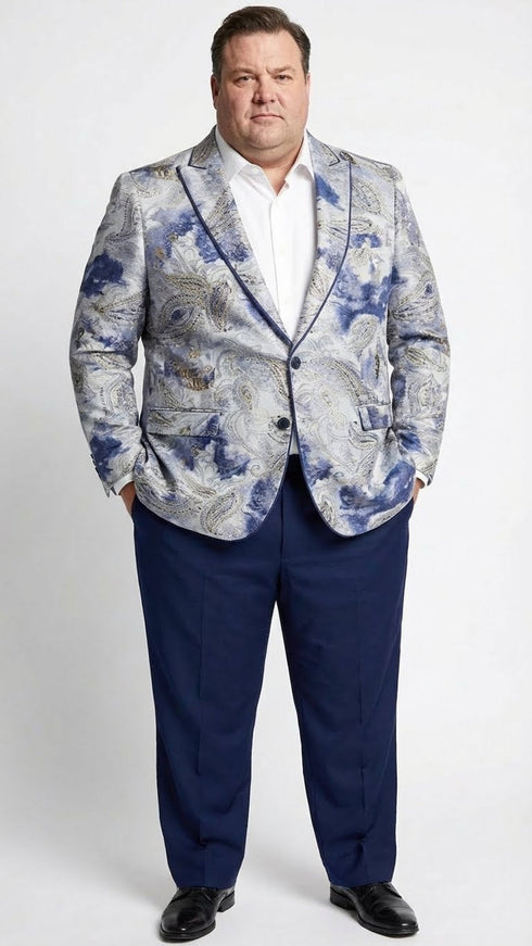 Men’s Navy Blue and Gray Paisley Print Blazer – Prom Jacket for Formal, Party, and Evening Wear