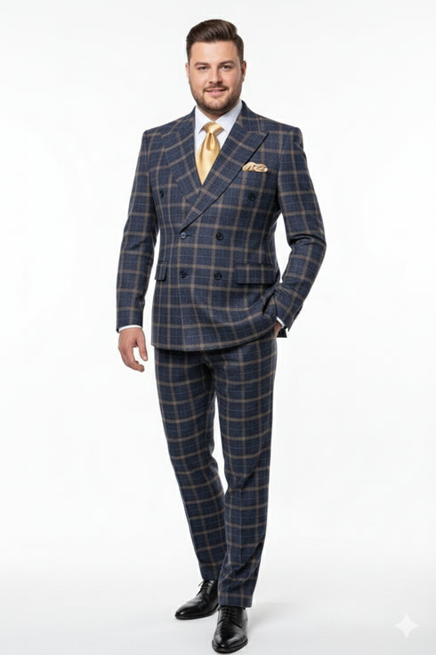 Men’s Navy and Tan Windowpane Double-Breasted Suit | Classic 2-Piece Plaid Dress Suit, Business, and Formal Events By Rossiman