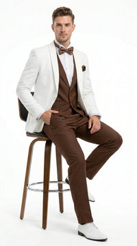 Men’s Ivory and Brown 3 Piece Suit – Elegant White Blazer with Brown Vest and Trousers for Wedding, Prom and Formal Events in off White Cream + Bowtie